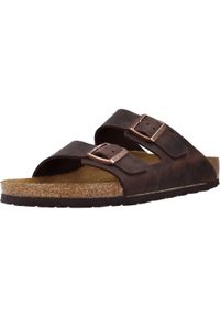 Klapki Birkenstock Arizona. Zapięcie: bez zapięcia. Kolor: brązowy. Materiał: materiał, skóra. Szerokość cholewki: normalna. Sport: turystyka piesza