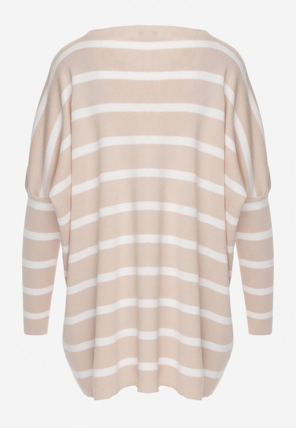 Born2be - Beżowy Sweter Oversize w Paski z Rękawami Nietoperz Caelania. Kolor: beżowy. Wzór: paski