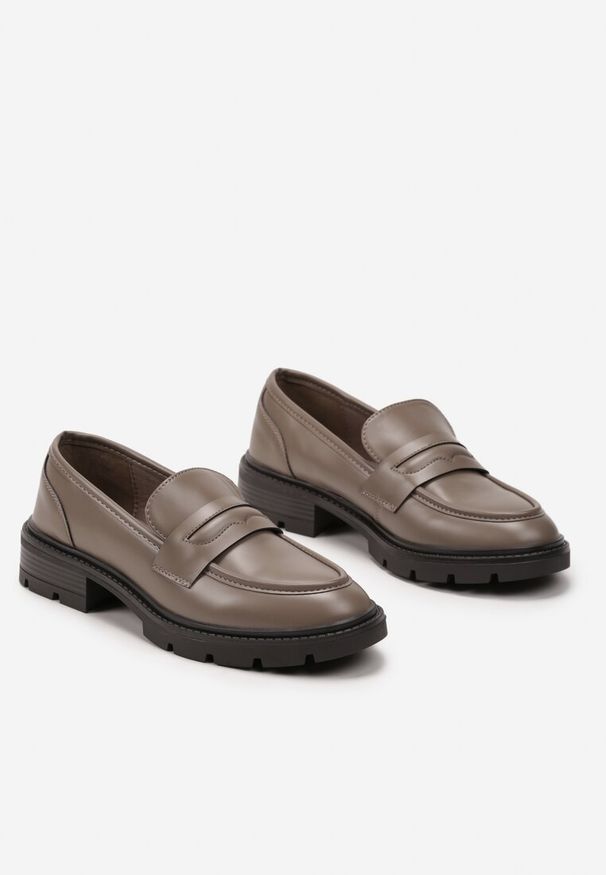 Born2be - Ciemnobeżowe Eleganckie Mokasyny z Imitacji Skóry na Grubej Podeszwie Salimer. Kolor: beżowy. Materiał: skóra. Styl: elegancki