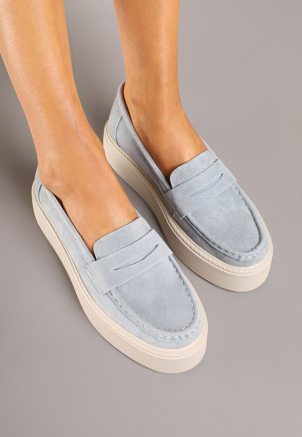 Born2be - Niebieskie Skórzane Półbuty Mokasyny na Grubej Podeszwie Sadelise. Okazja: na co dzień. Kolor: niebieski. Materiał: skóra. Styl: casual