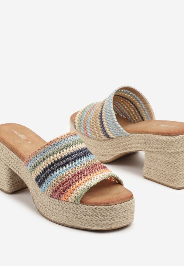 Born2be - Beżowo-Niebieskie Plecione Klapki na Słupku i Platformie Rivabia. Okazja: na co dzień. Kolor: beżowy. Materiał: jeans. Obcas: na platformie. Styl: elegancki, casual. Wysokość obcasa: średni