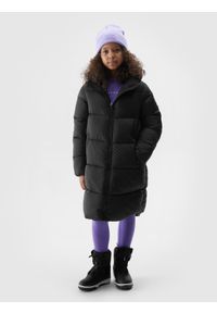 4F JUNIOR - Płaszcz puchowy pikowany dziewczęcy - czarny. Kolor: czarny. Materiał: puch. Długość: do kolan. Sezon: zima #1