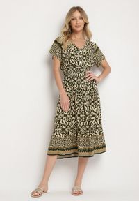 Born2be - Zielono-Beżowa Bawełniana Sukienka z Guzikami i Ornamentnym Wzorem Zisselle. Kolor: zielony. Materiał: bawełna #7