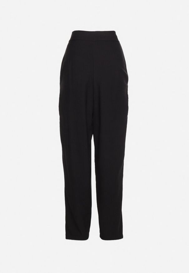 Born2be - Czarne Spodnie Paper Bag z Wysokim Stanem i Cyrkoniami Uzilina. Okazja: na co dzień. Stan: podwyższony. Kolor: czarny. Wzór: aplikacja. Styl: klasyczny, casual, elegancki