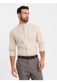Ombre Clothing - Koszula męska lniana ze stójką i kieszenią REGULAR FIT – kremowa V3 - Rozmiar: M. Okazja: na co dzień. Typ kołnierza: kołnierzyk stójkowy. Kolor: kremowy. Materiał: len. Długość rękawa: długi rękaw. Długość: długie. Sezon: wiosna, lato. Styl: casual #5
