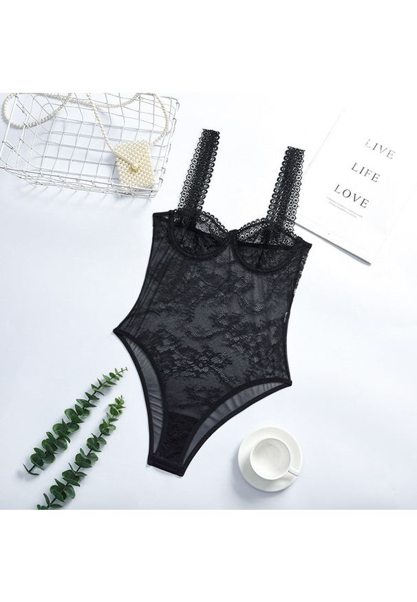 Intica - Body koronkowe na szerokich ramiączkach eleganckie Fede. Kolor: czarny. Materiał: koronka