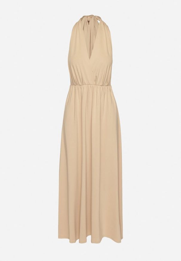 Born2be - Beżowa Koktajlowa Sukienka Multiway z Wiskozą i Wiązaniem na Szyi Lilazza. Okazja: na imprezę. Typ kołnierza: dekolt w kształcie V. Kolor: beżowy. Materiał: wiskoza. Typ sukienki: rozkloszowane. Styl: wizytowy