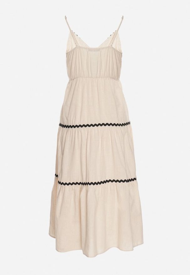 Born2be - Beżowa Bawełniana Sukienka z Metaliczną Nicią Devitte. Okazja: na co dzień. Typ kołnierza: dekolt w kształcie V. Kolor: beżowy. Materiał: bawełna. Długość rękawa: na ramiączkach. Styl: casual, klasyczny