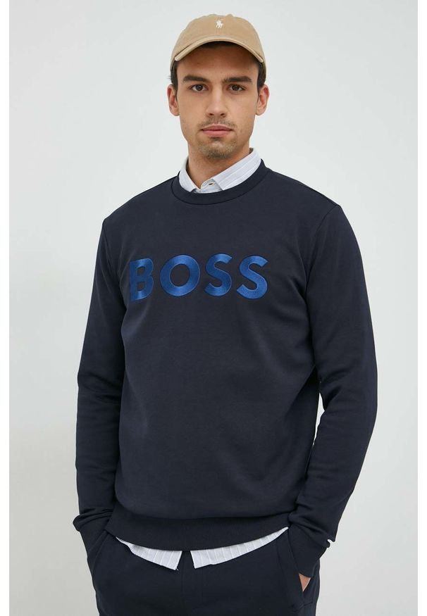 Boss Green - BOSS spodnie dresowe BOSS GREEN męskie kolor granatowy z aplikacją. Kolor: niebieski. Materiał: dresówka. Wzór: aplikacja