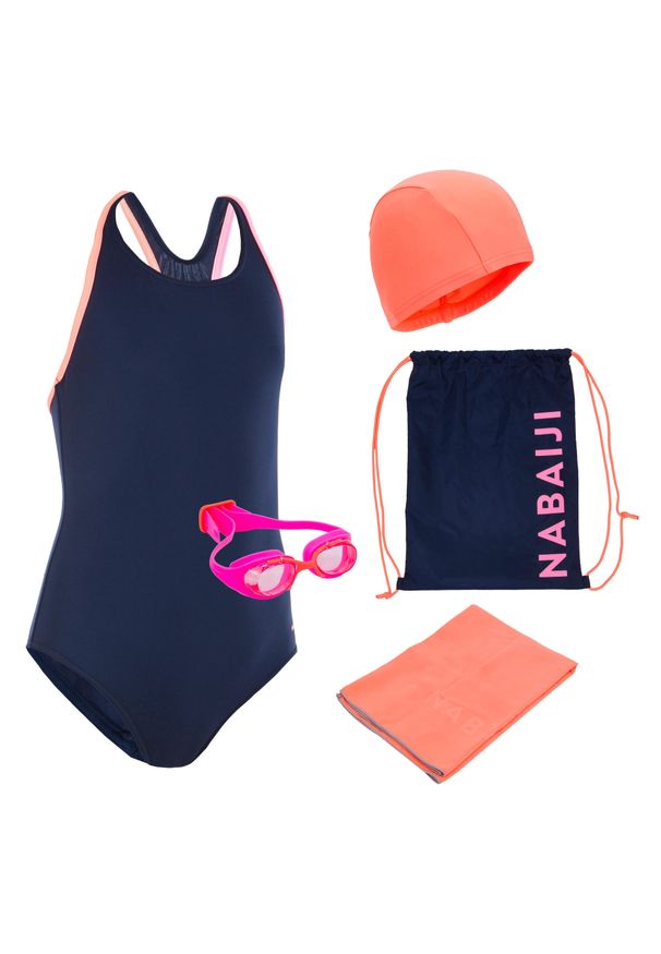 NABAIJI - Zestaw Pływacki 100 Start Dla Dzieci: Strój Okularki Czepek Ręcznik Torba. Kolor: niebieski, różowy, wielokolorowy, czerwony