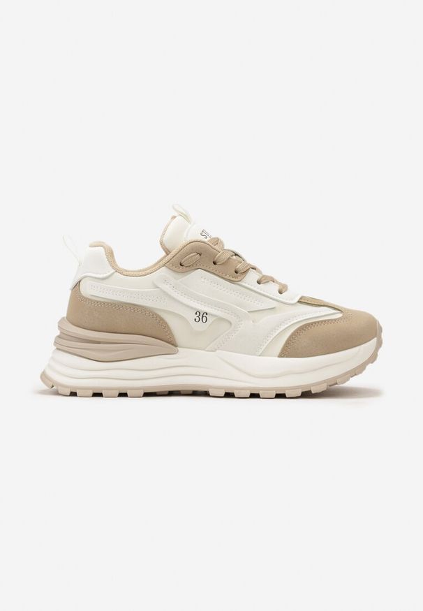 Renee - Beżowe Sneakersy z Ekoskóry ze Sznurowaniem i Ozdobnymi Naszywkami Ocellia. Kolor: beżowy. Materiał: jeans. Wzór: aplikacja