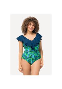 ULLA POPKEN - Damski Kostium kąpielowy kwiaty paski miękkie miseczki falbana. Kolekcja: plus size. Kolor: zielony, niebieski, wielokolorowy. Materiał: elastan, poliamid, materiał. Wzór: paski, kwiaty