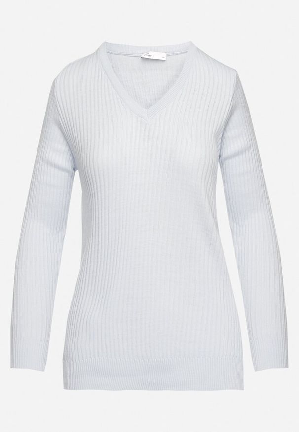 Born2be - Jasnoniebieski Sweter z Trójkątnym Dekoltem z Prążkowanej Dzianiny Derige. Okazja: na co dzień. Kolor: niebieski. Materiał: dzianina, prążkowany. Styl: casual