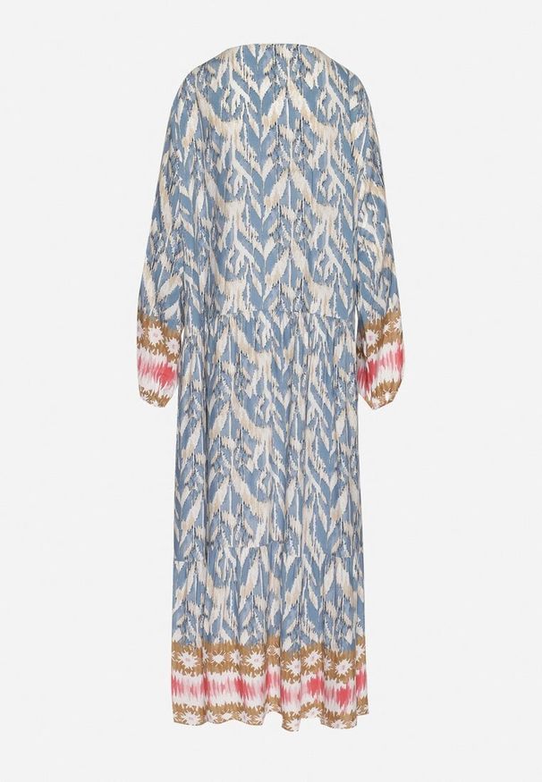 Born2be - Niebieska Sukienka Rozkloszowana z Ozdobnym Wiązaniem w Boho Wzór Erainea. Okazja: na co dzień. Typ kołnierza: dekolt w kształcie V. Kolor: niebieski. Materiał: jeans. Długość rękawa: długi rękaw. Wzór: aplikacja. Typ sukienki: proste, rozkloszowane. Styl: boho