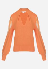 Born2be - Pomarańczowy Sweter z Golfem i Wycięciem przy Dekolcie Jaaziel. Typ kołnierza: golf. Kolor: pomarańczowy. Materiał: prążkowany, koronka. Wzór: kwiaty, koronka. Styl: elegancki #3
