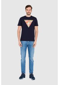 Guess - GUESS Granatowy bawełniany męski T-shirt slim fit, Rozmiar XXL. Kolor: niebieski. Materiał: bawełna. Wzór: aplikacja