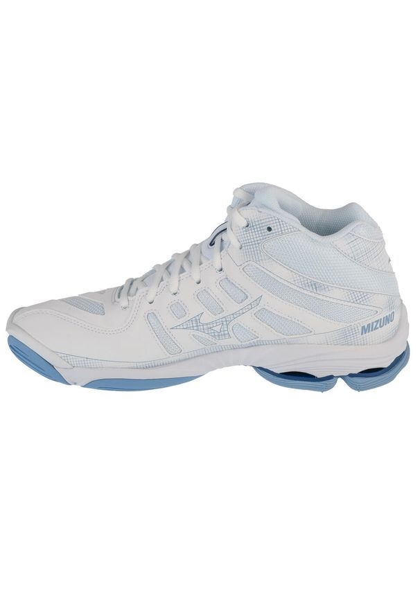 Mizuno - Buty do siatkówki męskie, Wave Voltage 2 Mid. Kolor: biały, wielokolorowy, niebieski. Materiał: guma, skóra, tkanina, materiał, syntetyk. Model: Mizuno Wave. Sport: siatkówka