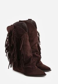 Renee - Brązowe Botki Kowbojki na Słupku Ozdobione Frędzlami i Wywiniętą Cholewką Aedime. Okazja: na co dzień. Kolor: brązowy. Szerokość cholewki: normalna. Wzór: aplikacja. Obcas: na słupku. Styl: casual #2
