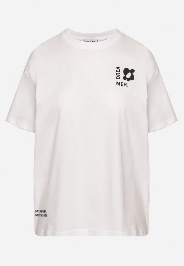 Born2be - Biało-Niebieski Bawełniany T-shirt z Napisami Hallena. Okazja: na co dzień, na spotkanie biznesowe. Kolor: biały. Materiał: bawełna. Wzór: napisy. Styl: klasyczny, elegancki, biznesowy, casual