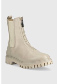 TOMMY HILFIGER - Tommy Hilfiger sztyblety Zip Boot damskie kolor beżowy na płaskim obcasie. Nosek buta: okrągły. Kolor: beżowy. Materiał: bawełna, skóra. Obcas: na obcasie. Wysokość obcasa: niski #2