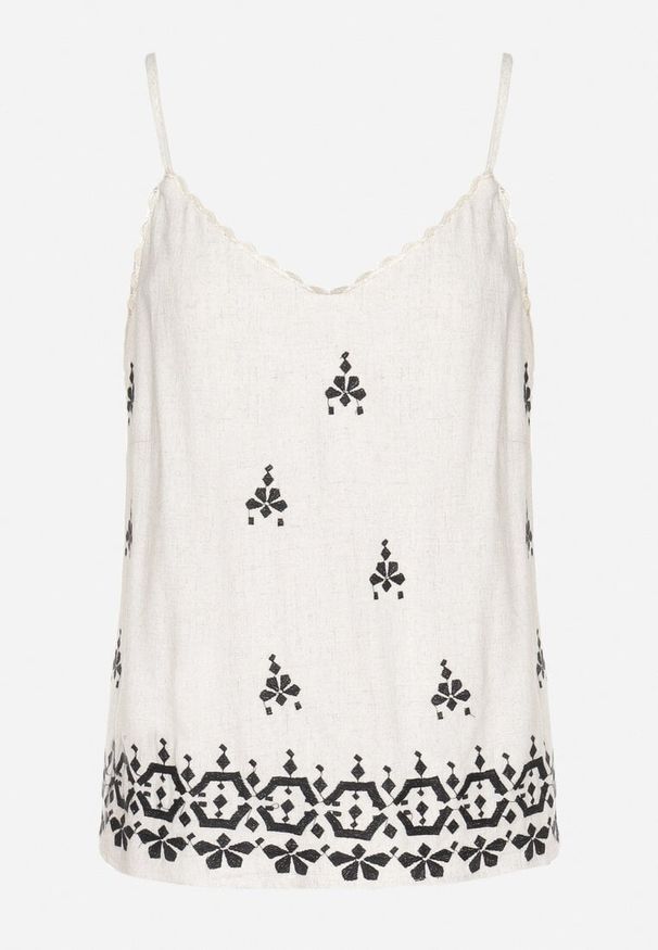 Born2be - Czarny Top z Lnem i Wiskozą z Haftem w Stylu Boho Ronira. Okazja: na co dzień. Kolor: czarny. Materiał: wiskoza, len. Długość rękawa: na ramiączkach. Wzór: haft. Sezon: lato. Styl: boho