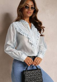 Renee - Niebieska Koszula na Guziki z Ozdobną Koronką Raneem. Kolor: niebieski. Materiał: koronka. Długość: długie. Wzór: koronka