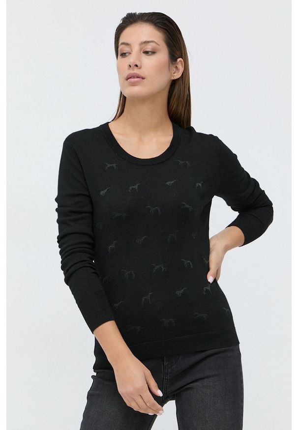 Trussardi Jeans - Trussardi - Sweter wełniany. Kolor: czarny. Materiał: wełna. Długość rękawa: długi rękaw. Długość: długie