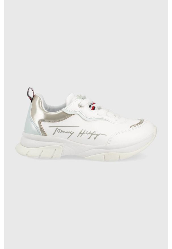 TOMMY HILFIGER - Tommy Hilfiger sneakersy dziecięce kolor biały. Nosek buta: okrągły. Zapięcie: sznurówki. Kolor: biały. Materiał: guma. Obcas: na platformie