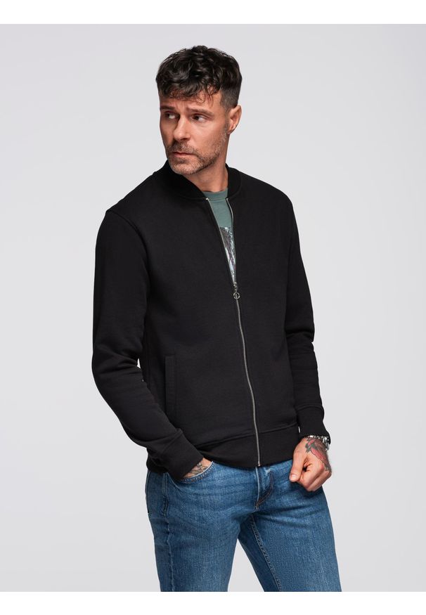 Ombre Clothing - Bawełniana rozpinana męska bluza dresowa bomberka – czarna V5 - Rozmiar: M. Okazja: na co dzień. Kolor: czarny. Materiał: bawełna, dresówka. Wzór: aplikacja. Styl: elegancki, sportowy, casual