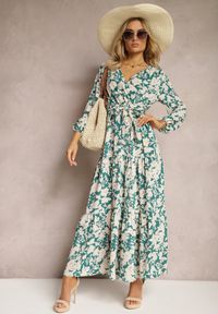 Renee - Zielona Sukienka Chrysice. Typ kołnierza: dekolt kopertowy. Kolor: zielony. Materiał: jeans, materiał, tkanina. Wzór: kwiaty, nadruk. Typ sukienki: kopertowe. Długość: maxi