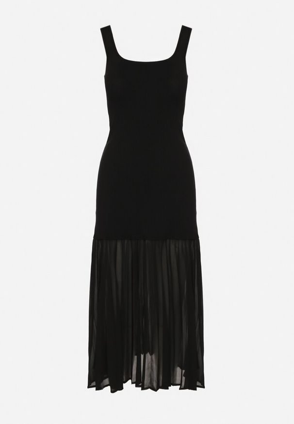 Born2be - Czarna Prążkowana Sukienka na Ramiączkach o Taliowanym Kroju z Tiulem Ivelzedia. Okazja: na co dzień. Typ kołnierza: dekolt kwadratowy. Kolor: czarny. Materiał: prążkowany, tiul. Długość rękawa: na ramiączkach. Styl: casual