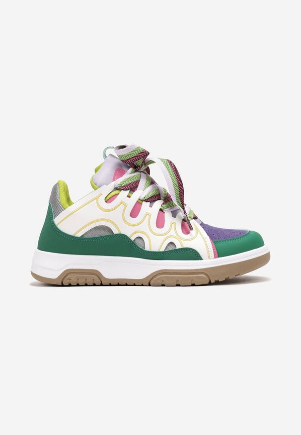 Born2be - Zielone Sneakersy z Ozdobnym Sznurowaniem i Brokatem Nevesa. Kolor: zielony, beżowy