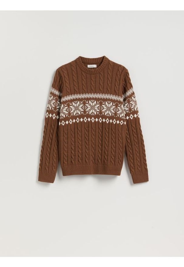 Reserved - Sweter z warkoczowym splotem - brązowy. Kolor: brązowy. Materiał: dzianina, bawełna. Wzór: ze splotem