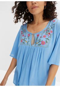 bonprix - Tunika z miękkiej kreszowanej wiskozy. Kolor: niebieski. Materiał: wiskoza. Wzór: haft #3