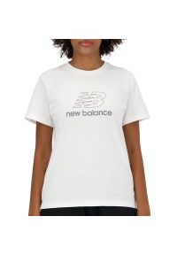 Koszulka New Balance WT41816WT - biała. Kolor: biały. Materiał: bawełna. Długość rękawa: krótki rękaw. Długość: krótkie. Wzór: napisy
