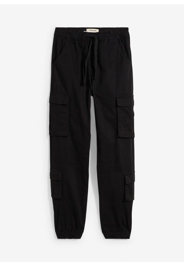 bonprix - Spodnie bojówki z gumką w talii i stretchem, Regular Fit. Kolor: czarny