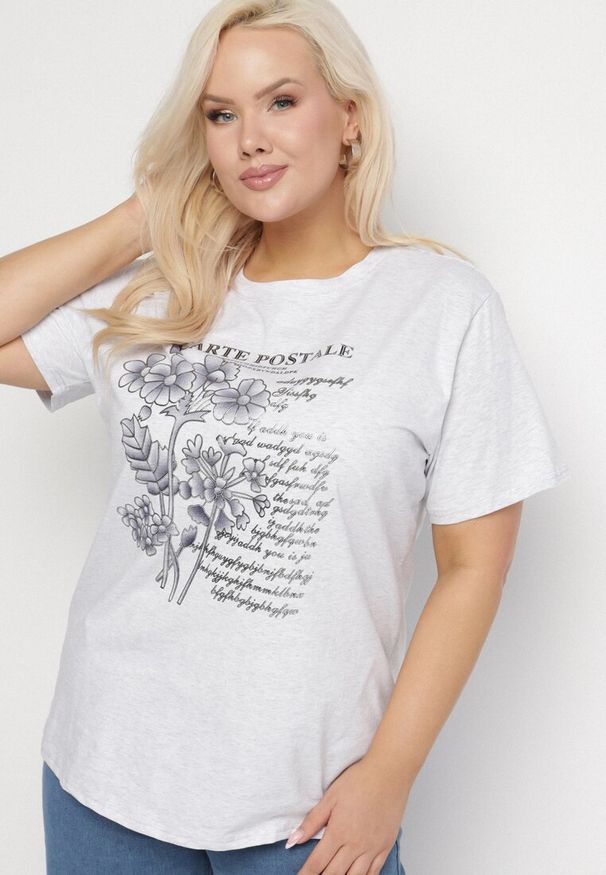 Born2be - Jasnoszary T-shirt z Bawełny z Metalicznym Nadrukiem Olianea. Okazja: na co dzień. Kolor: szary. Materiał: bawełna. Wzór: nadruk. Styl: klasyczny, casual