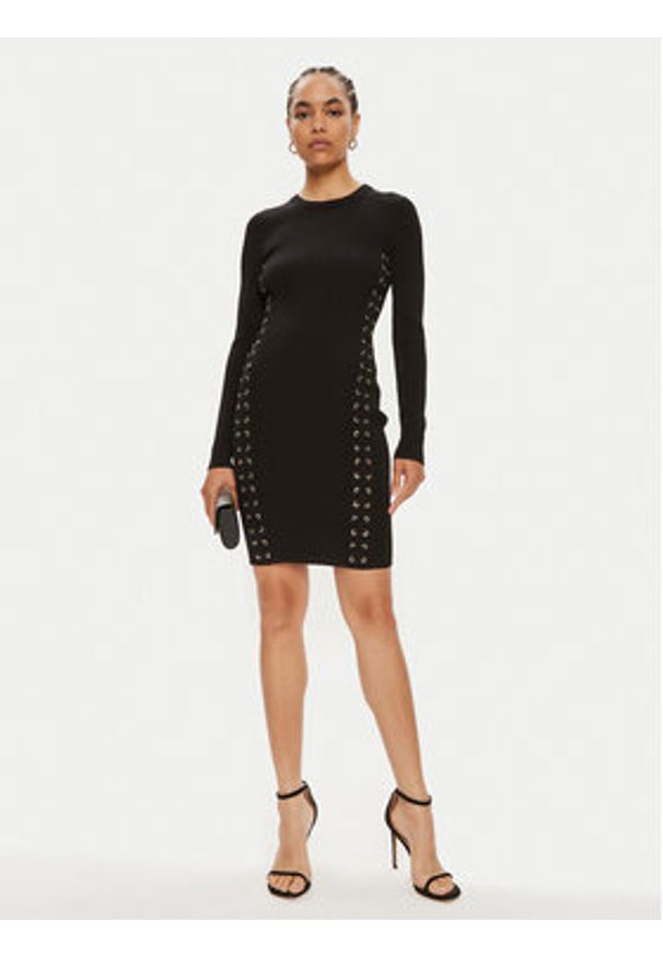MICHAEL Michael Kors Sukienka dzianinowa Ribbed Stretch Knit Lace-Up MT482FQ5ZV Czarny Slim Fit. Kolor: czarny. Materiał: syntetyk