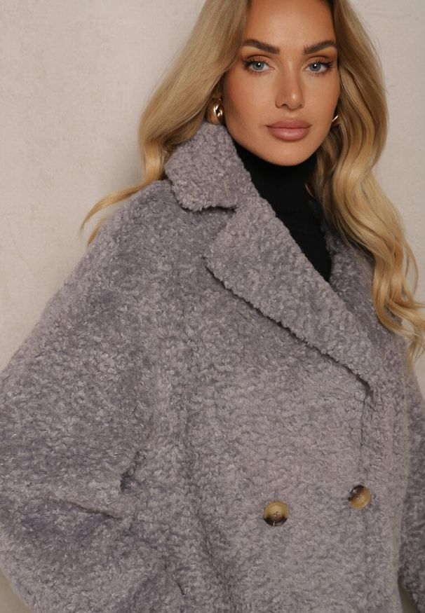Renee - Szara Dwurzędowa Kurtka Futerkowy Płaszcz z Dodatkowymi Rękawiczkami Hetirra. Okazja: na co dzień, na spacer. Kolor: szary. Materiał: jeans. Styl: elegancki, casual