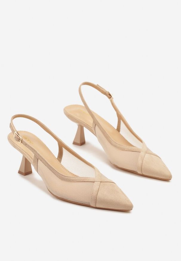 Renee - Beżowe Przezroczyste Sandały Vices na Kaczuszce Typu Slingback Atilessa. Zapięcie: sprzączka. Kolor: beżowy. Materiał: jeans. Sezon: lato. Obcas: na szpilce. Styl: klasyczny, elegancki, wizytowy