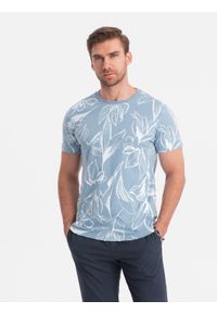 Ombre Clothing - Męski t-shirt fullprint w kontrastowe liście - błękitny V2 OM-TSFP-0180 - XXL. Okazja: na co dzień. Kolor: niebieski. Materiał: materiał, bawełna. Styl: casual #6