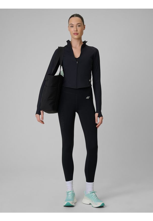 4f - 4F Bluza treningowa slim szybkoschnąca damska - czarna S. Okazja: na co dzień. Typ kołnierza: kołnierzyk stójkowy. Kolor: czarny. Materiał: skóra. Styl: casual, sportowy