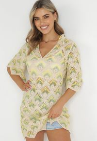 Born2be - Beżowo-Zielona Pudełkowa Sukienka Mini z Głębokim Dekoltem z Szydełkowej Bawełny Cristel. Kolor: beżowy. Materiał: bawełna. Styl: boho. Długość: mini #4