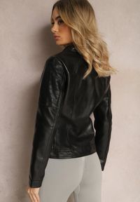 Renee - Czarna Kurtka w Stylu Motocyklowym z Ekoskóry Zapinana na Zamek Błyskawiczny Fagolia. Okazja: na co dzień. Kolor: czarny. Materiał: jeans. Styl: casual, elegancki