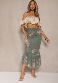 Renee - Ciemnozielona Dopasowana Spódnica z Ozdobną Falbaną Efravaria. Okazja: na spotkanie biznesowe, na co dzień. Kolor: zielony. Styl: casual, elegancki, biznesowy
