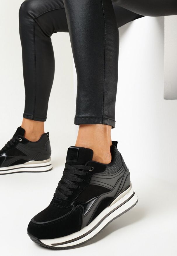 Born2be - Czarne Sneakersy na Ukrytej Koturnie i Platformie Nencca. Kolor: czarny. Materiał: jeans. Obcas: na koturnie