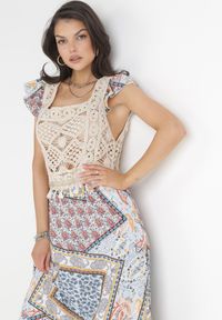 Born2be - Niebiesko-Beżowa Rozkloszowana Sukienka Maxi z Szydełkową Górą i Falbankami z Bawełny Madela. Typ kołnierza: kołnierz z falbankami. Kolor: niebieski. Materiał: bawełna. Sezon: wiosna, lato. Długość: maxi #2