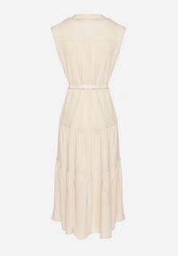 Born2be - Beżowa Koszulowa Sukienka z Wiskozy z Bawełną Ozdobiona Paskiem Rivebia. Okazja: na co dzień. Kolor: beżowy. Materiał: bawełna, wiskoza. Wzór: aplikacja. Typ sukienki: koszulowe. Styl: casual, elegancki #4