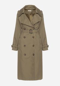 Born2be - Zielony Dwurzędowy Płaszcz Trencz o Oversizowym Kroju z Paskiem Inathara. Okazja: na spacer, na co dzień, do pracy. Kolor: zielony. Materiał: jeans. Wzór: aplikacja. Styl: casual, klasyczny #2