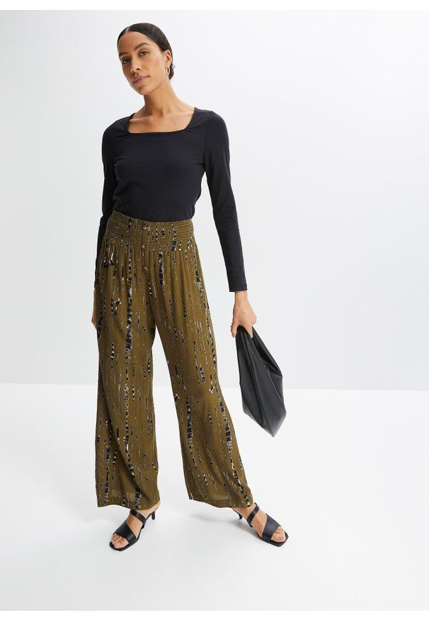 bonprix - Spodnie palazzo z lejącej wiskozy. Kolor: zielony. Materiał: wiskoza. Wzór: nadruk